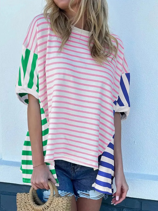 Tops - Women's Oversized Striped Tunic - Pink, Green & Blue